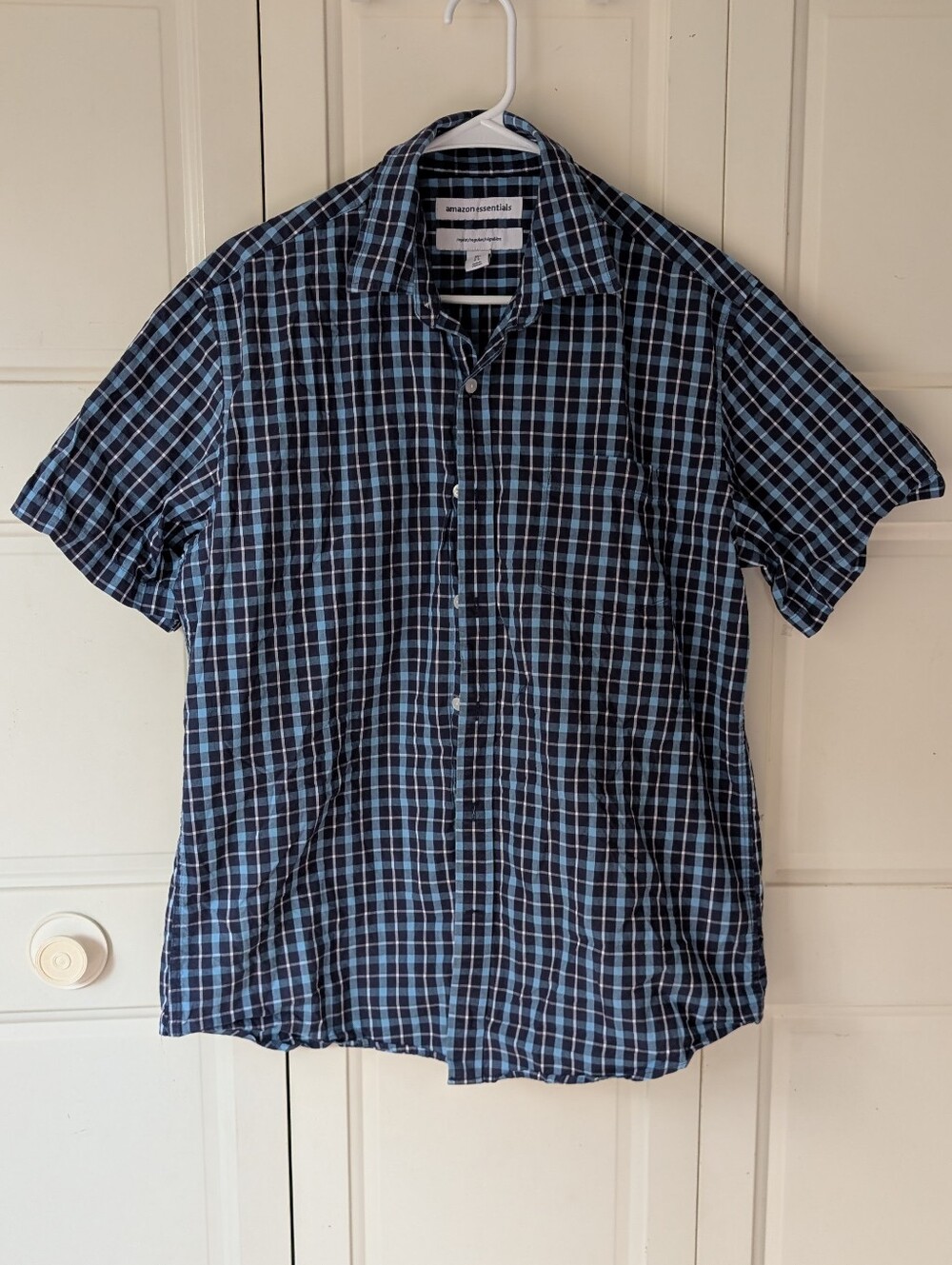 blue plaid men's button up short sleeve shirt